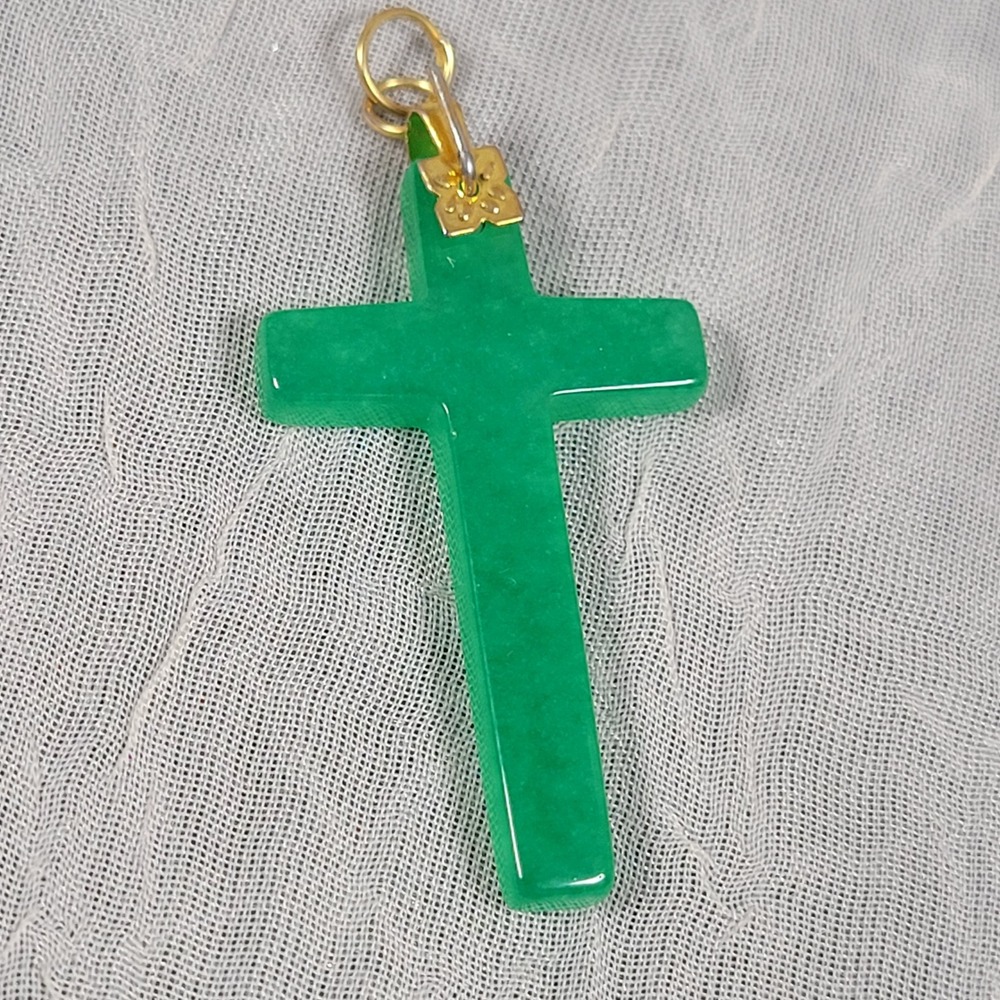Green Jadeite Cross Pendant Gold Tone Religious Floral Bail Style Charm